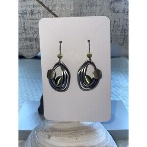 Handmade Local Christopher Polly Silver Gold Tone Green Glass Stone Earrings